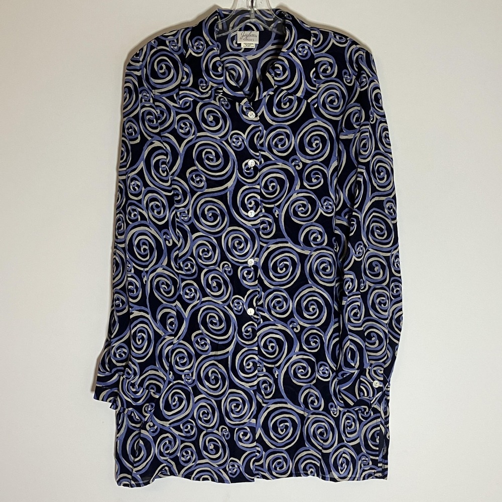 Jaclyn Smith Classics Shirt Womens 12 Black Blue Swirl Button Front Made‎ USA